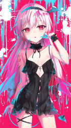 Rule 34 | 1girl, :o, absurdres, bare shoulders, black dress, black hairband, collarbone, commentary, cross, demon tail, dress, english commentary, fang, frilled dress, frills, gradient hair, hair between eyes, hairband, hand up, highres, latin cross, looking at viewer, masaki (msk064), multicolored hair, original, paint splatter, parted lips, pink hair, red background, red eyes, red hair, sleeveless, sleeveless dress, solo, streaked hair, tail, wrist cuffs