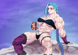 Rule 34 | 1girl, abs, bandages, blue hair, braid, breasts, extreme muscles, female focus, gao (gaolukchup), jinx (league of legends), league of legends, long hair, muscular, muscular female, solo, thong, twintails, veins