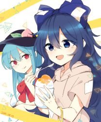 Rule 34 | 2girls, bangle, black headwear, blue bow, blue eyes, blue hair, blue skirt, bow, bowtie, bracelet, closed mouth, collared shirt, crossed arms, cup, dated, debt, food, grey hoodie, hair between eyes, hair bow, hands up, hat, hat ornament, highres, hinanawi tenshi, holding, holding cup, holding spoon, hood, hoodie, ice cream, jewelry, leaf, leaf hat ornament, long hair, looking at another, looking to the side, multiple girls, one-hour drawing challenge, open mouth, peach hat ornament, puffy short sleeves, puffy sleeves, red bow, red bowtie, red eyes, shirt, short sleeves, sidelocks, sitting, skirt, smile, spoon, tama (soon32281), tongue, touhou, triangle, triangle background, white background, white shirt, yorigami shion