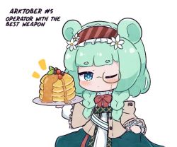 Rule 34 | 1girl, animal ears, arknights, bear ears, blue skirt, blush, bow, braid, brown jacket, closed mouth, commentary, diagonal stripes, english commentary, english text, flower, food, green hair, hair flower, hair ornament, hairband, holding, holding plate, istina (arknights), jacket, kurotofu, long hair, long sleeves, looking at viewer, monocle, notice lines, one eye closed, pancake, pancake stack, plate, puffy long sleeves, puffy sleeves, red bow, red hairband, shirt, skirt, solo, striped clothes, striped hairband, twin braids, white flower, white shirt