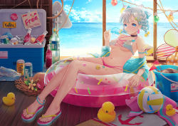 Rule 34 | 1girl, absurdres, anklet, ball, bandaid, bikini, blue eyes, bottle, bow, braid, brand name imitation, breasts, bucket, can, choker, cloud, coca-cola, collarbone, cooler, drink can, earrings, fanta, female focus, flag, flip-flops, grey hair, hair bow, hair ornament, hat, highres, holding, holding removed eyewear, ice, innertube, jacket, jewelry, light bulb, navel, off shoulder, original, rope, rubber duck, sand, sandals, scenery, short hair, sign, sitting, sky, soda bottle, soda can, solo, sticker, stomach, straw hat, sunglasses, sunglasses removed, swim ring, swimsuit, towel, twin braids, two side up, unworn clothes, unworn eyewear, unworn jacket, volleyball (object), water, window, zhuang yao