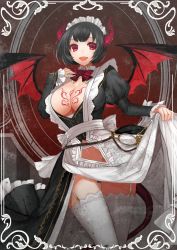 Rule 34 | 1girl, :d, apt, bat wings, black hair, black jacket, blunt bangs, border, bow, bowtie, breasts, buttons, cleavage, cleavage cutout, clothes lift, clothing cutout, collar, demon girl, demon horns, dress, dress lift, female focus, frilled sleeves, frills, garter straps, groin, horns, jacket, key, keyring, large breasts, long sleeves, looking at viewer, maid headdress, navel, navel cutout, open mouth, original, puffy long sleeves, puffy sleeves, red background, red bow, red bowtie, red eyes, short hair, simple background, smile, solo, standing, stomach, striped bow, striped bowtie, striped clothes, striped neckwear, tattoo, thigh gap, thighhighs, white border, white dress, white thighhighs, wings
