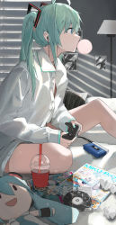 Rule 34 | 1girl, absurdres, ahoge, aqua hair, aqua nails, window blinds, blue eyes, blowing bubbles, bubble tea, cassette player, cd, character doll, chewing gum, ciloranko, commentary, crumpled paper, cup, disposable cup, dress shirt, drinking straw, hatsune miku, highres, long hair, looking to the side, magazine (object), nail polish, naked shirt, painting (object), playing games, shirt, sidelocks, sitting, solo, twintails, very long hair, vocaloid, white shirt