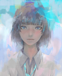 Rule 34 | 1girl, blue background, blue necktie, blunt bangs, bob cut, brown hair, collared shirt, highres, looking at viewer, necktie, original, parted lips, purple eyes, shirt, solo, upper body, wataboku, white shirt, wing collar