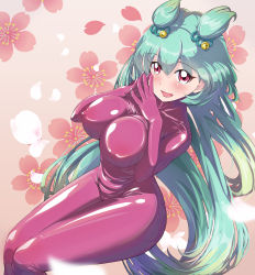 Rule 34 | 1girl, :o, absurdres, ass, breasts, cleavage, green hair, hair ornament, highres, japanese clothes, kimono, large breasts, long hair, open clothes, orient, red eyes, smile, thigh strap, tsugumi hattori, very long hair, yukata