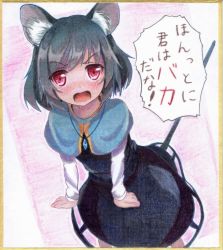 Rule 34 | 1girl, animal ears, black dress, blush, border, capelet, dress, gem, graphite (medium), grey hair, jewelry, kittona, looking at viewer, millipen (medium), mouse ears, mouse tail, nazrin, necklace, open mouth, pendant, pink eyes, red eyes, shikishi, shirt, solo, tail, touhou, traditional media, translated, watercolor pencil (medium), wrists extended