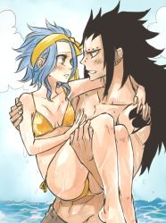 Rule 34 | 1boy, 1girl, bad id, bad pixiv id, barefoot, bikini, black hair, blue hair, blush, breasts, brown eyes, carrying, cleavage, collarbone, couple, day, eye contact, fairy tail, gajeel redfox, hairband, levy mcgarden, long hair, looking at another, ocean, open mouth, outdoors, princess carry, red eyes, rusky, side-tie bikini bottom, small breasts, spiked hair, swimsuit, very long hair, yellow bikini, yellow hairband