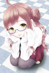 Rule 34 | 10s, 1girl, ahoge, bad id, bad pixiv id, black pantyhose, blue-framed eyewear, blurry, blush, brown footwear, checkered floor, depth of field, from above, full body, glasses, hair bun, hands on own cheeks, hands on own face, head rest, highres, kantai collection, lipstick, long hair, long sleeves, looking at viewer, makeup, makigumo (kancolle), pantyhose, papi (papiron100), pink hair, pleated skirt, red skirt, semi-rimless eyewear, shirt, shoes, single hair bun, skirt, sleeves past wrists, smile, solo, squatting, swept bangs, under-rim eyewear, very long hair, white shirt, yellow eyes