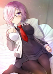 Rule 34 | 1girl, bedroom, black dress, blanket, blush, closed mouth, dress, fate/grand order, fate (series), hair over one eye, hand on own chest, hood, hoodie, indoors, light purple hair, looking at viewer, lying, mash kyrielight, necktie, on back, on bed, open clothes, open hoodie, pantyhose, pillow, purple eyes, purple hair, red necktie, seiru (prairie), short dress, short hair, solo