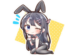Rule 34 | 1girl, ;), absurdres, animal ears, bare shoulders, black bow, black bowtie, black footwear, black hair, black hairband, black leotard, black pantyhose, blue eyes, blush, bow, bowtie, chibi, closed mouth, collar, detached collar, fake animal ears, full body, hair ornament, hairband, hairclip, hand up, high heels, highres, jako (jakoo21), leotard, long hair, looking at viewer, notice lines, one eye closed, outline, pantyhose, playboy bunny, polka dot, polka dot background, rabbit ears, rabbit hair ornament, sakurajima mai, seishun buta yarou, shoes, smile, solo, strapless, strapless leotard, two-tone background, very long hair, white background, white collar, white outline, wing collar, wrist cuffs, yellow background