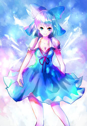 Rule 34 | 1girl, blue dress, blue eyes, blue hair, bow, breasts, cirno, cleavage, dress, hair bow, hat, highres, ice, ice wings, looking at viewer, mayonaka taruho, open clothes, open mouth, puffy short sleeves, puffy sleeves, ribbon, short hair, short sleeves, small breasts, smile, solo, touhou, wings