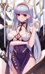 Rule 34 | 1girl, azur lane, bare shoulders, blunt bangs, blush, breasts, cleavage, collarbone, comb, covered navel, dido (anxious bisque doll) (azur lane), dido (azur lane), disembodied limb, dress, eternity (shadeh), hairband, halter dress, halterneck, hands on another&#039;s thigh, highres, large breasts, long hair, looking at viewer, multiple hands, pelvic curtain, purple dress, purple hairband, red eyes, side slit, silver hair