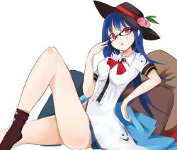 Rule 34 | 1girl, bare legs, bespectacled, blouse, blue hair, bottomless, breasts, food, fruit, glasses, hat, hinanawi tenshi, long hair, medium breasts, open mouth, peach, red eyes, shirt, short sleeves, simple background, solo, tetsurou (fe+), touhou, white shirt