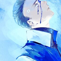 Rule 34 | 1boy, android, bleeding, blood, blood on face, blue theme, character request, detroit: become human, eyelashes, facial mark, from side, glowing, hari1000bom, lips, looking up, male focus, portrait, profile, short hair, solo