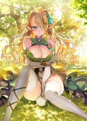 Rule 34 | 1girl, arm support, ass, bare shoulders, blonde hair, blue flower, blush, braid, breast hold, breasts, character request, cleavage, clenched hand, closed mouth, copyright request, covering crotch, covering privates, detached collar, dress, elbow gloves, elf, flower, foot out of frame, frilled dress, frills, frown, gloves, grabbing own arm, grass, green dress, green eyes, hair flower, hair ornament, hair over one eye, half-closed eyes, large breasts, long hair, looking at viewer, on grass, original, pleated dress, pointy ears, repi, ringlets, side braid, sitting, solo, swept bangs, thighhighs, tree, two-tone dress, very long hair, white dress, white gloves, white thighhighs