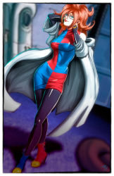 Rule 34 | 1girl, android 21, arm warmers, artist request, big hair, black-framed eyewear, black pantyhose, blue eyes, breasts, brown hair, curly hair, dragon ball, dragon ball fighterz, dress, female focus, glasses, lab, lab coat, laboratory, lipstick, long hair, makeup, multicolored boots, multicolored clothes, multicolored dress, pantyhose, solo, walking