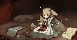 Rule 34 | 1girl, :&lt;, animal ears, apron, blood, blood on clothes, blood on hands, book, box, brown background, bug, butterfly, closed mouth, commentary, dress, eyeball, floppy ears, flower, frilled apron, frills, green dress, hair flower, hair ornament, highres, holding sewing needle, insect, light brown hair, long hair, open book, original, rabbit ears, red eyes, scissors, sewing, shirokujira, sitting, solo, stuffed animal, stuffed rabbit, stuffed toy, thread, very long hair, white apron, white butterfly, white flower