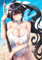 Rule 34 | 1girl, azur lane, bare shoulders, beach, black hair, blue sky, bokken, bow, breasts, casual one-piece swimsuit, choker, cleavage, clothing cutout, criss-cross halter, dutch angle, female focus, flower, hair bow, hair flower, hair ornament, halterneck, highleg, highleg swimsuit, ibara azuki, long hair, looking at viewer, navel cutout, official alternate costume, one-piece swimsuit, ponytail, red eyes, sand, see-through, signature, sky, solo, swimsuit, sword, takao (azur lane), takao (beach rhapsody) (azur lane), very long hair, weapon, white bow, white choker, white one-piece swimsuit, wooden sword