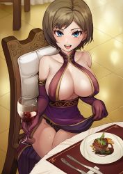 Rule 34 | &gt;:d, 1girl, :d, bad id, bad pixiv id, black panties, blue eyes, blush, breasts, brown hair, chair, cleavage, clothes lift, collarbone, cup, detached sleeves, dress, dress lift, drinking glass, elbow gloves, eyelashes, flashing, food, gloves, halterneck, holding, holding cup, holding drinking glass, jagaimo (kkamja), jung yujin (jagaimo (kkamja)), knife, lace, lace-trimmed panties, lace trim, large breasts, looking at viewer, meat, mole, mole under eye, no bra, open mouth, original, panties, plate, purple gloves, revealing clothes, short hair, sideboob, sitting, smile, solo, sparkle, steak, swept bangs, tablecloth, tsurime, underwear, v-shaped eyebrows, wine glass