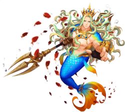 Rule 34 | 1boy, abs, bara, blonde hair, completely nude, crown, fins, fish tail, green hair, gyee, head fins, highres, holding, holding polearm, holding spear, holding weapon, jewelry, large pectorals, long hair, male focus, merman, monster boy, multicolored hair, muscular, muscular male, navel, necklace, nipples, nude, official art, pectorals, polearm, solo, spear, stomach, tail, transparent background, trident, triton (gyee), two-tone hair, weapon