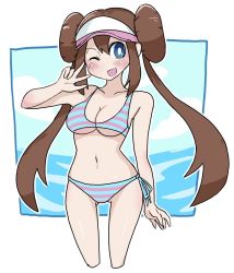 Rule 34 | 1girl, arm at side, ass, bare shoulders, bikini, blue eyes, blush, breasts, brown hair, cleavage, cloud, cowboy shot, creatures (company), cropped legs, double bun, game freak, hair bun, highres, long hair, looking at viewer, medium breasts, midriff, nintendo, ocean, one eye closed, outdoors, outline, pokemon, pokemon bw2, rosa (pokemon), side-tie bikini bottom, sky, standing, striped bikini, striped clothes, swimsuit, tagme, thigh gap, twintails, underboob, v, very long hair, visor, visor cap, w, water, white-stew, white outline, wink