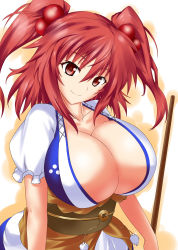Rule 34 | 1girl, blouse, breasts, cleavage, hair bobbles, hair ornament, highres, huge breasts, large breasts, looking at viewer, nishiumi yuuta, onozuka komachi, red eyes, red hair, shirt, short twintails, smile, solo, touhou, twintails, two side up