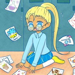 bad_source blonde_hair blouse blue_eyes blue_shirt blue_skirt cheerleader_cookie cookie_run dark-skinned_female dark_skin drawing eminu humanization locker long_sleeves paper personification ponytail school_uniform shirt sitting skirt sweat vial yellow_footwear