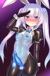 Rule 34 | 1futa, animal ears, black gloves, blue bow, blue eyes, blush, bodysuit, bodysuit condom, bow, breasts, choker, clenched teeth, condom, condom on penis, covered erect nipples, covered navel, empty eyes, erection, eyes visible through hair, fake animal ears, futanari, gloves, glowing, glowing eyes, gluteal fold, gradient background, heavy breathing, highres, kutan, large penis, leotard, medium breasts, meme attire, mind control, nose blush, original, pantyhose, penis, playboy bunny, rabbit ears, reverse bunnysuit, reverse outfit, salute, see-through, shiny clothes, shrug (clothing), silver hair, skin tight, smile, solo, sweatdrop, teeth, testicles, twintails, used condom, used condom on penis, wrist cuffs