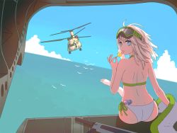 Rule 34 | 1girl, aa-12, aa-12 (girls&#039; frontline), aa-12 (the sun never rises) (girls&#039; frontline), ahoge, aircraft, ass, automatic shotgun, back, bags under eyes, bikini, blue eyes, blue sky, boeing, boeing defense, space &amp; security, candy, ch-47 chinook, cloud, combat shotgun, commentary request, day, food, from behind, girls&#039; frontline, goggles, goggles on head, gun, helicopter, licking, lollipop, long hair, looking at viewer, looking back, military, military vehicle, ocean, shotgun, side-tie bikini bottom, sidelocks, silver hair, sitting, sky, solo, swimsuit, tab (tabkun), tongue, tongue out, towel, water, weapon