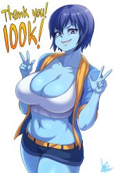 Rule 34 | 1girl, absurdres, belly, blue eyes, blue hair, blue skin, breasts, bright pupils, collarbone, colored skin, grin, highres, jmg, large breasts, navel, original, patina jmg, sharp teeth, shirt, short hair, short shorts, shorts, signature, simple background, smile, solo, tank top, teeth, thighs, white background, white shirt