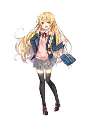 Rule 34 | 1girl, :d, alternate costume, bag, bekotarou, black thighhighs, blonde hair, bow, braid, casual, contemporary, full body, grey skirt, hand on own hip, kirisame marisa, loafers, long hair, looking at viewer, miniskirt, no headwear, no headwear, open mouth, plaid, plaid skirt, pleated skirt, red bow, shoes, simple background, single braid, skirt, smile, solo, thighhighs, touhou, white background, yellow eyes, zettai ryouiki