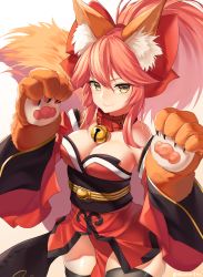 Rule 34 | 1girl, absurdres, animal ear fluff, animal ears, animal hands, bare shoulders, bell, black thighhighs, blush, bow, breasts, cat paws, cleavage, closed mouth, collar, detached sleeves, fate/extra, fate/grand order, fate (series), fox ears, fox tail, gloves, hair between eyes, hair bow, highres, hip focus, japanese clothes, jingle bell, kimono, large breasts, long hair, looking at viewer, neck bell, obi, paw gloves, pink hair, red bow, red kimono, sash, short kimono, sidelocks, simple background, smile, solo, star741, tail, tamamo (fate), tamamo cat (fate), thighhighs, white background, wide sleeves, yellow eyes