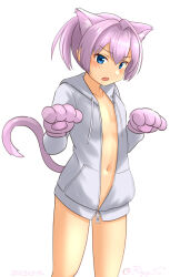 Rule 34 | 1girl, animal ears, animal hands, blue eyes, cat ears, cat tail, feet out of frame, flat chest, gloves, hood, hooded jacket, jacket, kantai collection, navel, one-hour drawing challenge, paw gloves, pink hair, ponytail, ray.s, shiranui (kancolle), short hair, simple background, solo, standing, tail, white background, white jacket