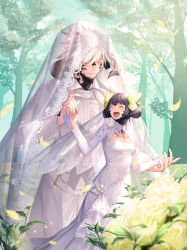 Rule 34 | :d, ^ ^, au ra, black hair, black jacket, blonde hair, breasts, bridal veil, bride, chain, cleavage cutout, closed eyes, clothing cutout, commentary request, cross, day, dress, feet out of frame, final fantasy, final fantasy xiv, flower, forest, formal, gem, giant, groom, hair flower, hair ornament, happy, headpiece, hetero, highres, holding hands, horns, jacket, jewelry, long sleeves, mixed-language commentary, mt (ringofive), nature, open clothes, open jacket, open mouth, outdoors, pants, parted lips, petals, purple gemstone, rose, rose petals, see-through, short hair, small breasts, smile, standing, suit, tree, veil, warrior of light (ff14), wedding dress, white dress, white pants, yellow flower, yellow rose