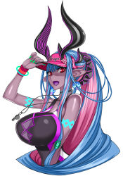 Rule 34 | 1girl, bare shoulders, black one-piece swimsuit, blue hair, body markings, breasts, choker, collarbone, colored skin, dark-skinned female, dark skin, earrings, eyeliner, fate/grand order, fate (series), grey skin, hair between eyes, hat, highres, honjou raita, horns, ibuki douji (fate), ibuki douji (swimsuit berserker) (fate), ibuki douji (swimsuit berserker) (first ascension) (fate), jewelry, large breasts, long hair, looking at viewer, makeup, multicolored hair, nail polish, official art, one-piece swimsuit, oni, oni horns, open mouth, pink hair, pink hat, pink one-piece swimsuit, pointy ears, ponytail, red eyes, sidelocks, smile, swimsuit, two-tone swimsuit, visor cap, whistle