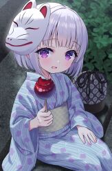 Rule 34 | 1girl, :d, blue kimono, candy apple, chitosezaka suzu, commentary request, floral print, food, fox mask, grey hair, holding, holding food, japanese clothes, kimono, long sleeves, looking at viewer, mask, mask on head, obi, open mouth, original, print kimono, purple eyes, sash, sitting, sitting on stairs, sleeves past wrists, smile, solo, stairs, stone stairs, striped clothes, striped kimono, vertical-striped clothes, vertical-striped kimono, wide sleeves