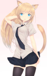 Rule 34 | 1girl, animal ears, arm up, black necktie, black thighhighs, blonde hair, blue eyes, cat ears, cat tail, eyelashes, gradient background, long hair, looking at viewer, necktie, original, pleated skirt, shirt, simple background, skirt, solo, tail, tareme, taut clothes, taut shirt, thighhighs, zettai ryouiki, zizi (zz22)