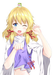 Rule 34 | 1girl, absurdres, animal, animal on head, blonde hair, blue eyes, blush, breasts, claw pose, fang, frog, hair ribbon, hands up, highres, icyy, long hair, long sleeves, looking at viewer, medium breasts, midriff, moriya suwako, navel, on head, one eye closed, open mouth, paw pose, purple vest, red ribbon, ribbon, shirt, sidelocks, simple background, solo, touhou, upper body, vest, white background, white shirt, wide sleeves
