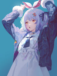 Rule 34 | 1girl, arms up, belt, blue background, blue hair, blue jacket, blue neckerchief, brown eyes, carrot hair ornament, choker, dress, fajyobore, food-themed hair ornament, fur trim, hair ornament, hair ribbon, highres, hololive, jacket, looking away, neckerchief, official alternate costume, open clothes, open jacket, open mouth, ribbon, sailor collar, school uniform, simple background, solo, thick eyebrows, two side up, usada pekora, virtual youtuber, white belt, white choker, white dress, white sailor collar