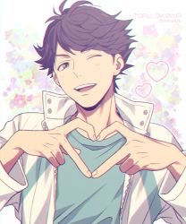 Rule 34 | 1boy, ;d, brown eyes, brown hair, character name, commentary request, floral background, green shirt, haikyuu!!, heart, heart hands, jacket, looking at viewer, male focus, mashima shima, oikawa tooru (haikyuu!!), one eye closed, open clothes, open jacket, open mouth, shirt, smile, solo, teeth, twitter username, upper body, upper teeth only, white background, white jacket