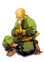 Rule 34 | 1boy, bald, beard, closed eyes, facial hair, fatal fury, green tunic, own hands clasped, highres, male focus, meditation, old, old man, own hands together, sitting, solo, thick eyebrows, tung fue rue, white background, zehb br