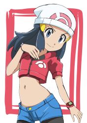 Rule 34 | 1girl, absurdres, alternate costume, beanie, black hair, black pantyhose, blue shorts, bracelet, closed mouth, commentary request, creatures (company), cropped jacket, dawn (pokemon), eyelashes, game freak, grey eyes, hainchu, hair ornament, hairclip, hand up, hat, highres, jacket, jewelry, long hair, looking down, navel, nintendo, pantyhose, pokemon, pokemon (anime), pokemon dppt (anime), poketch, shirt, short shorts, short sleeves, shorts, sidelocks, smile, solo, split mouth, watch, white background, white hat, wristwatch