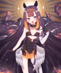 Rule 34 | 1girl, black dress, blunt bangs, dress, gloves, halo, highres, himetochan, hololive, hololive english, looking at viewer, low wings, ninomae ina&#039;nis, ninomae ina&#039;nis (1st costume), pointy ears, purple hair, smile, solo, strapless, strapless dress, tentacle hair, tentacles, thighhighs, virtual youtuber, wings