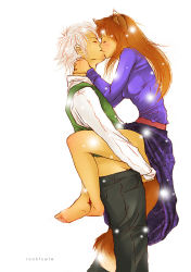 Rule 34 | 00s, 1boy, 1girl, animal ears, artist name, bad deviantart id, bad id, barefoot, carrying, closed eyes, clothed sex, couple, craft lawrence, feet, from side, happy sex, held up, hetero, holo, kiss, leg lock, long hair, red hair, rocktuete, sex, signature, silver hair, simple background, soles, spice and wolf, straddling, suspended congress, tail, toes, upright straddle, white background, wolf ears, wolf tail