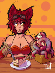 Rule 34 | 1girl, :t, animal ears, bandeau, bare shoulders, borrowed character, breasts, cake, cat ears, choker, cleavage, commentary, dalehan, eating, elbow gloves, food, fork, gloves, goggles, goggles on head, large breasts, lips, nellko agogo, original, red hair, short hair, slit pupils, tentacles, yellow eyes