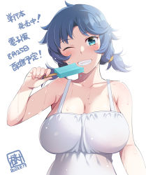 Rule 34 | 1girl, bare shoulders, blue eyes, blue hair, blush, breasts, cleavage, dress, food, honda naoki, large breasts, long hair, low twintails, one eye closed, original, popsicle, simple background, solo, sweat, sweatdrop, twintails, white background