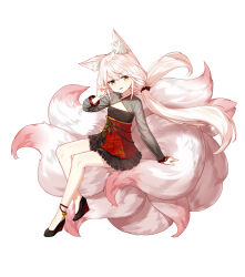Rule 34 | 1girl, alternate hair color, animal ear fluff, animal ears, ankle bell, arm support, black dress, black footwear, black sleeves, bow, cleavage cutout, closers, clothing cutout, dress, evil smile, fangs, flat chest, fox ears, fox girl, fox shadow puppet, fox tail, full body, hair bow, half-closed eyes, hand up, high heels, highres, kitsune, kyuubi, layered dress, long hair, long sleeves, looking at viewer, low twintails, lucy (closers), multiple tails, official art, parted lips, pink tail, red bow, red dress, see-through, see-through sleeves, sitting, sitting on tail, smile, solo, tachi-e, tail, twintails, two-tone dress, wedge heels, white background, white hair, yellow eyes