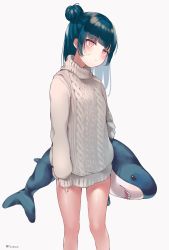 Rule 34 | 1girl, arms at sides, bare legs, blue hair, blush, commentary request, fuyuzima, grey sweater, hair bun, highres, holding, holding stuffed toy, ikea, ikea shark, long hair, long sleeves, love live!, love live! sunshine!!, no pants, red eyes, side bun, sidelocks, simple background, single side bun, sleeves past wrists, solo, stuffed animal, stuffed shark, stuffed toy, sweater, tsushima yoshiko, turtleneck, turtleneck sweater, white background