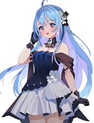 Rule 34 | 1girl, :d, ahoge, alternate costume, azur lane, bare shoulders, black gloves, blue hair, blush, cowboy shot, dress, earrings, formal, gloves, helena (azur lane), helena (may i have this dance?) (azur lane), highres, jewelry, long hair, looking at viewer, natsuki (natsu 1936), open mouth, purple eyes, simple background, sleeveless, smile, solo, very long hair, white background