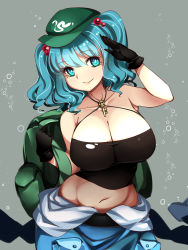 Rule 34 | 1girl, arm up, backpack, bag, black gloves, black tank top, blue eyes, blue hair, breasts, bubble, cleavage, closed mouth, cowboy shot, flat cap, gloves, green hat, grey background, hair bobbles, hair ornament, hat, head tilt, highres, holding, holding bag, kawashiro nitori, key, large breasts, looking at viewer, medium hair, navel, pocket, raptor7, short sleeves, simple background, smile, solo, standing, tank top, touhou, twintails